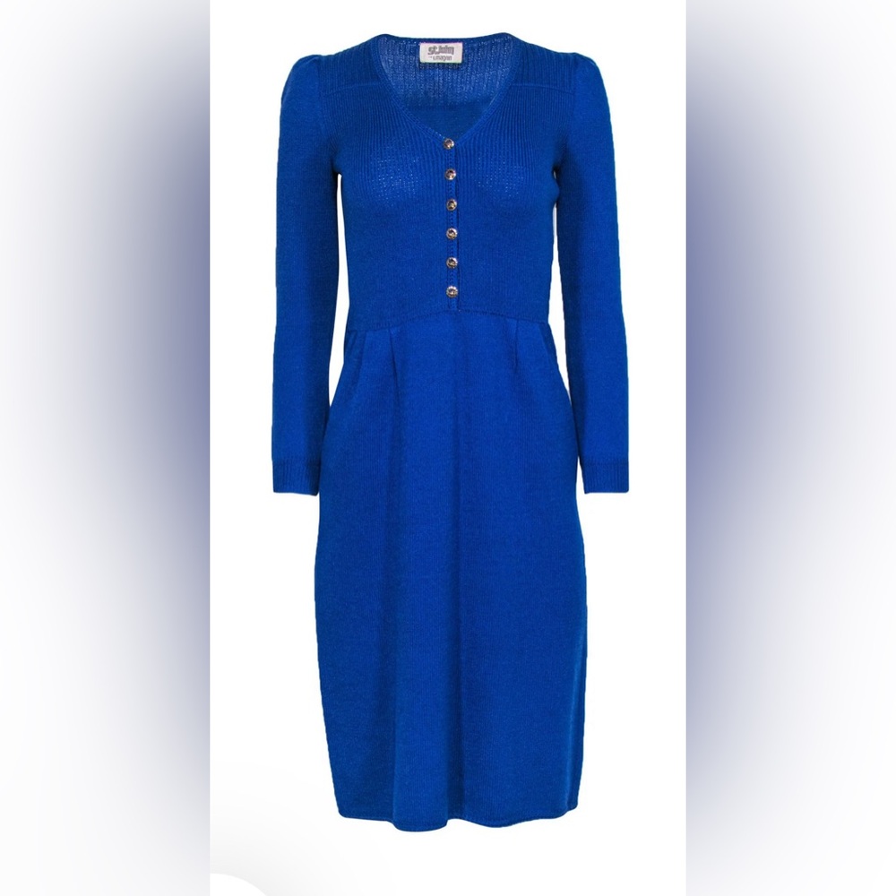 St. John Vintage Blue Knit Gold-Button Dress with Original Belt Set XS-S